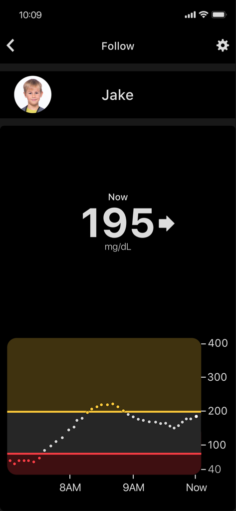 Dexcom Follow (US) - Dexcom Follow app dashboard showing a child's real-time glucose levels and trend graph.