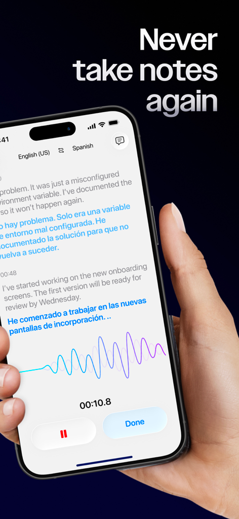Un smartphone que muestra la aplicación Noteleap AI realizando transcripción en tiempo real y traducción de inglés a español con una forma de onda de audio