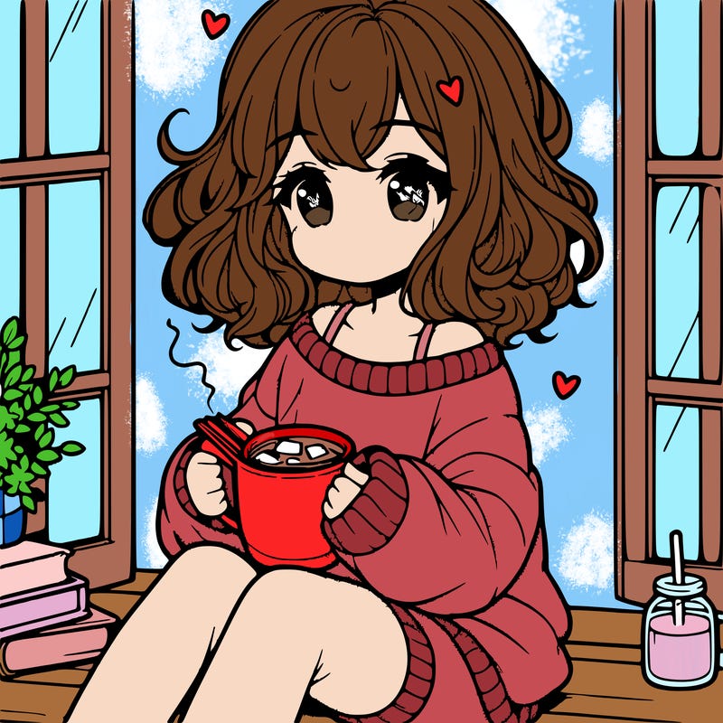 cute anime girl reading book and drinking hot chocolate from mug with loose wavy hair wearing a baggy sweatshirt and shorts sitting by windowsill looking out