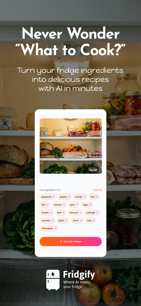 Pantalla de la aplicación Fridgify que muestra el reconocimiento de IA de ingredientes en una foto del refrigerador