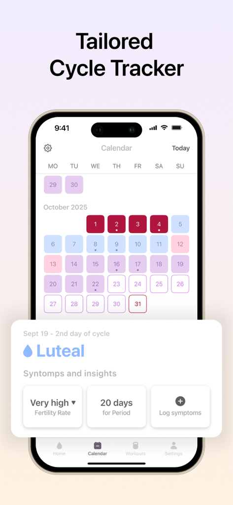 Cycle Sync Workouts: Drop It - Pantalla de la aplicación móvil que muestra un calendario de ciclo menstrual personalizado con información de fases y seguimiento de síntomas.