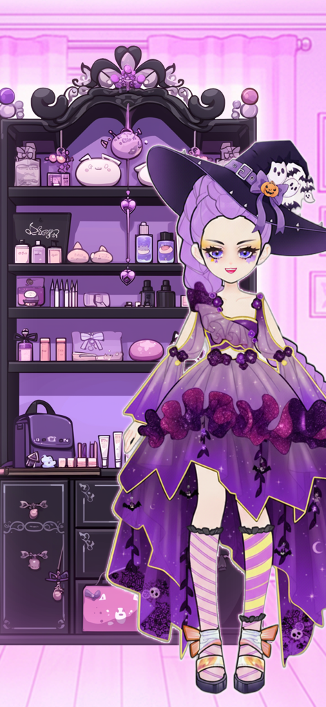 Sparkle Style: Dress up games - Una estilizada muñeca de moda con un disfraz y sombrero de bruja morados en una habitación estética morada