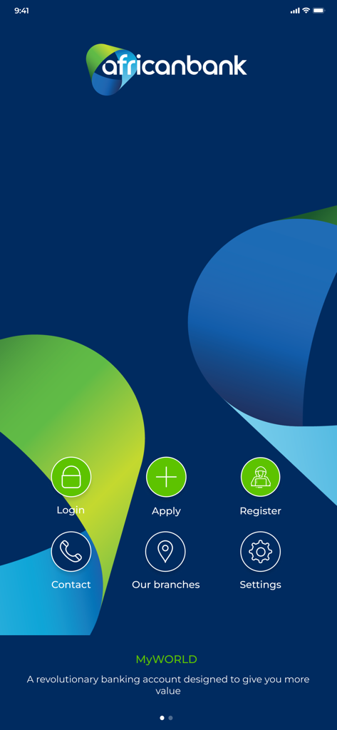 African Bank mobile app home screen with login and register options