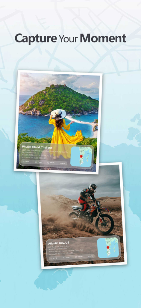 GPS Map Camera - Photo Stamp - Two photos with GPS map and timestamp overlays showing travel and adventure activities