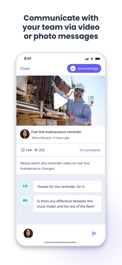 Interfaz de la aplicación SafetyCulture que muestra un mensaje de video del equipo para un recordatorio de mantenimiento con comentarios de los empleados.