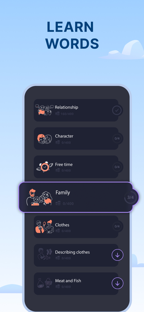 A list of French vocabulary topics including Family and Clothes on the 2Shine app interface