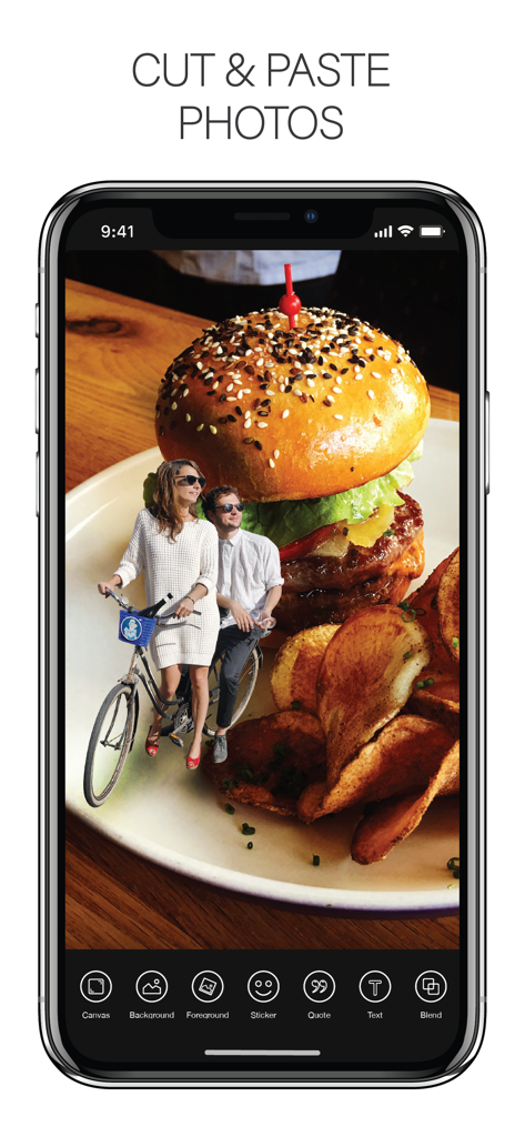 A couple on a bicycle superimposed over a giant burger in the Cut and Paste Photos app interface