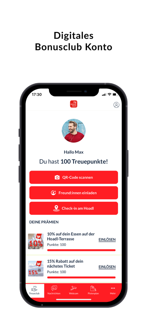My Axamer Lizum - Dashboard dell'app My Axamer Lizum che mostra punti fedeltà e premi disponibili del comprensorio sciistico