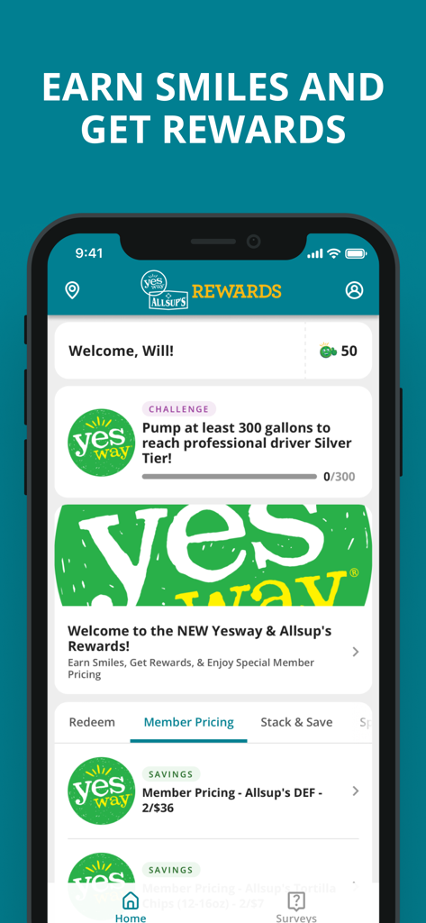 Yesway & Allsup’s Rewards - Yesway and Allsups Rewards app dashboard showing member pricing and professional driver fuel challenge