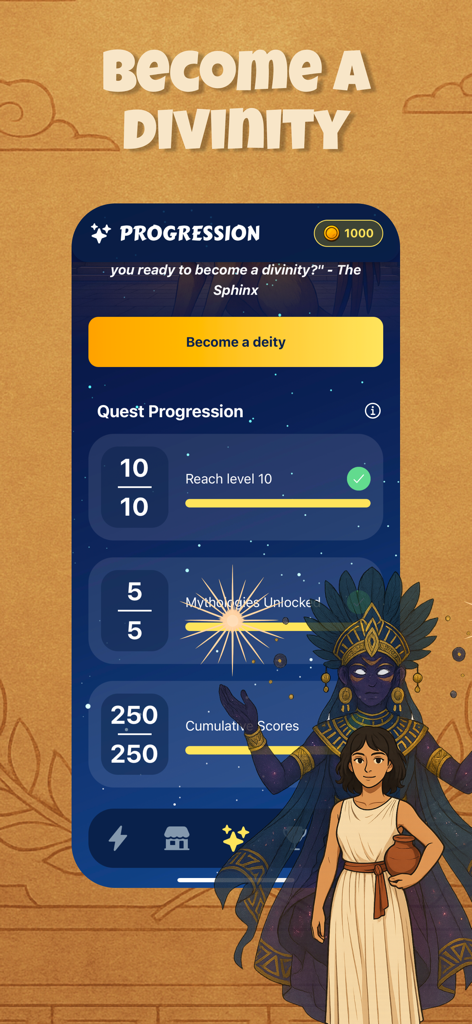 Sphinx Quiz Mythology - Progression screen in Sphinx Quiz Mythology app showing quest status and a button to become a divinity.