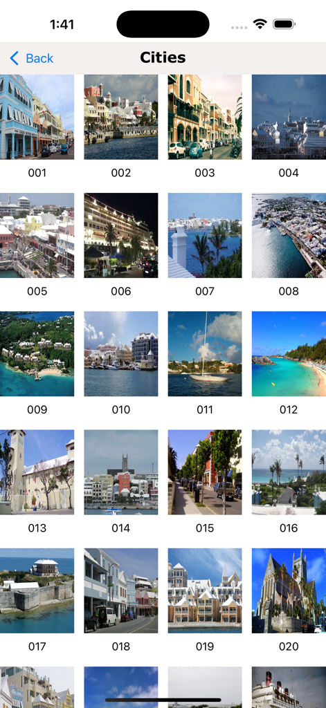 Bermuda Island Guide - Una vista de galería de cuadrícula de fotos de alta calidad que muestran varias ciudades y lugares escénicos en Bermudas dentro de la aplicación.