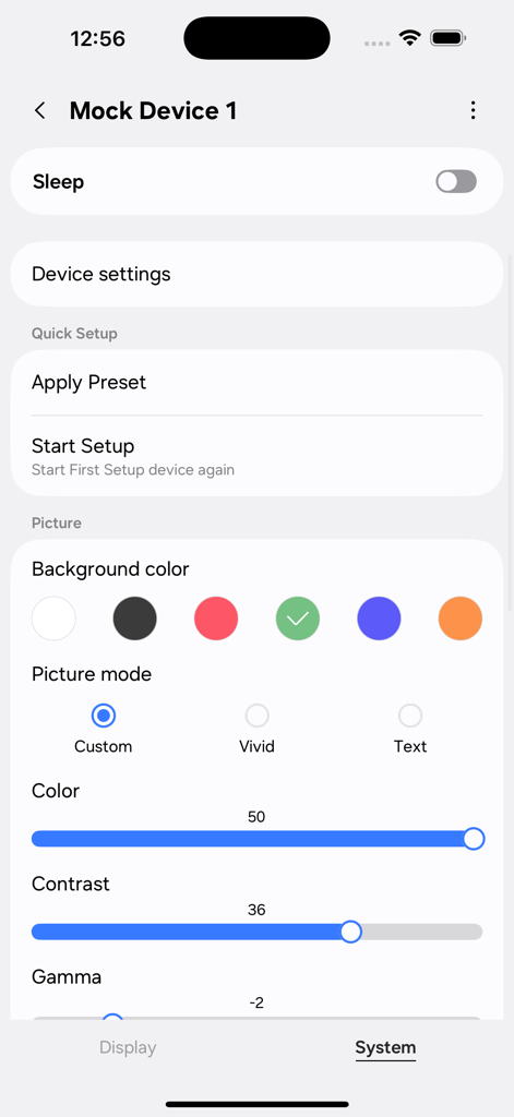 Interfaz de la aplicación Samsung E-Paper para ajustar el modo de imagen, el contraste de color y la configuración gamma en una pantalla digital