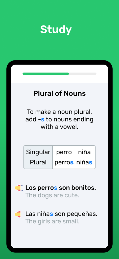 Educational screen explaining plural nouns in Spanish with examples and rules