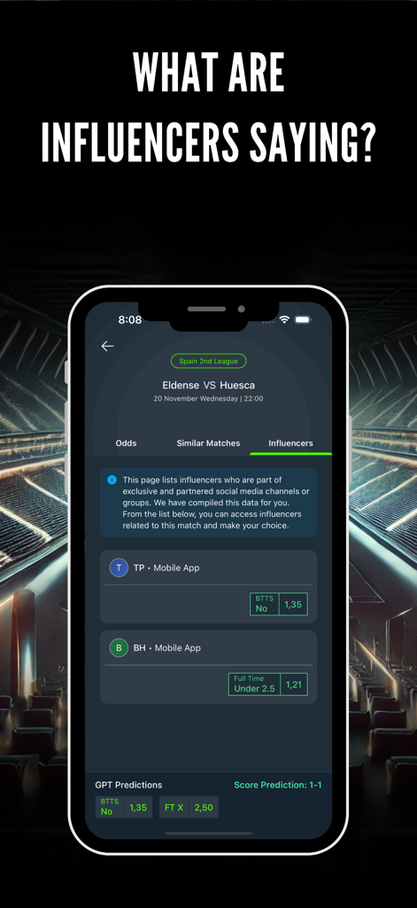 BetTips: Match Prediction - Screenshot of the BetTips app showing influencer sports predictions and AI match analysis for a soccer game