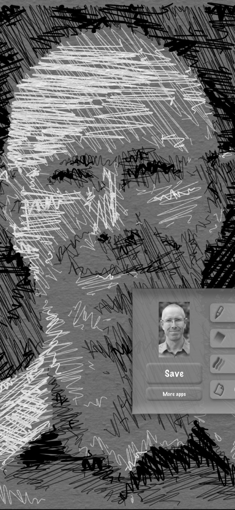 A portrait of a man edited into a black and white scribble art sketch.