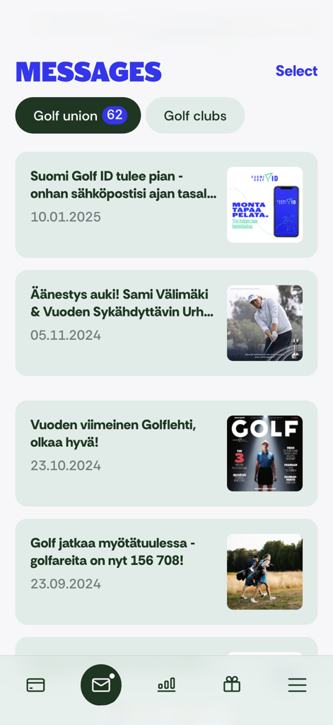 eBirdie - The messages and notifications interface of the eBirdie app showing news updates from the Finnish Golf Union.