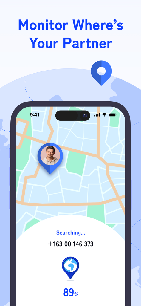 GPS Phone Locator Link Tracker - A mobile app screen showing a map with a person's location pin and a phone number search status for monitoring a partner
