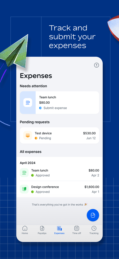 Interface móvel do aplicativo Remote Global HR mostrando o rastreamento de despesas e o status de envio