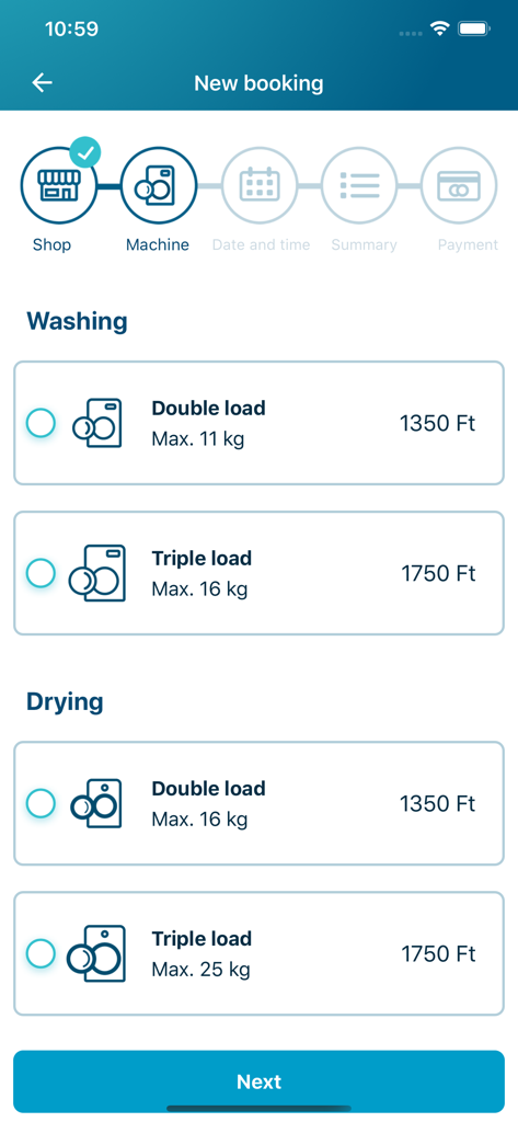 Bubbles Mosoda - Maschinenauswahlbildschirm in der Bubbles App zur Buchung von Wasch- und Trockendienstleistungen.