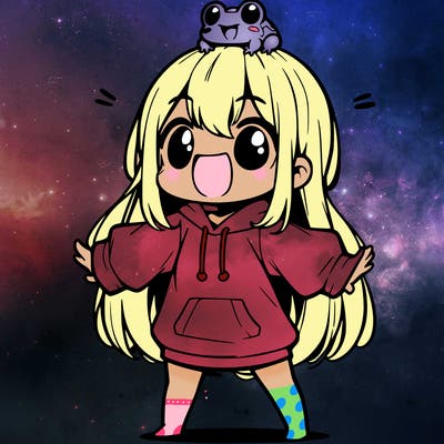a excited chibi girl whith long hair and a baggy shirt whith a frog on there head
