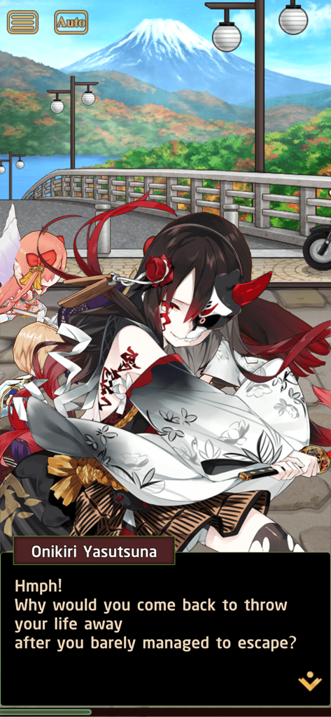 Otogi - Otogi RPG gameplay showing character Onikiri Yasutsuna speaking in front of Mount Fuji.