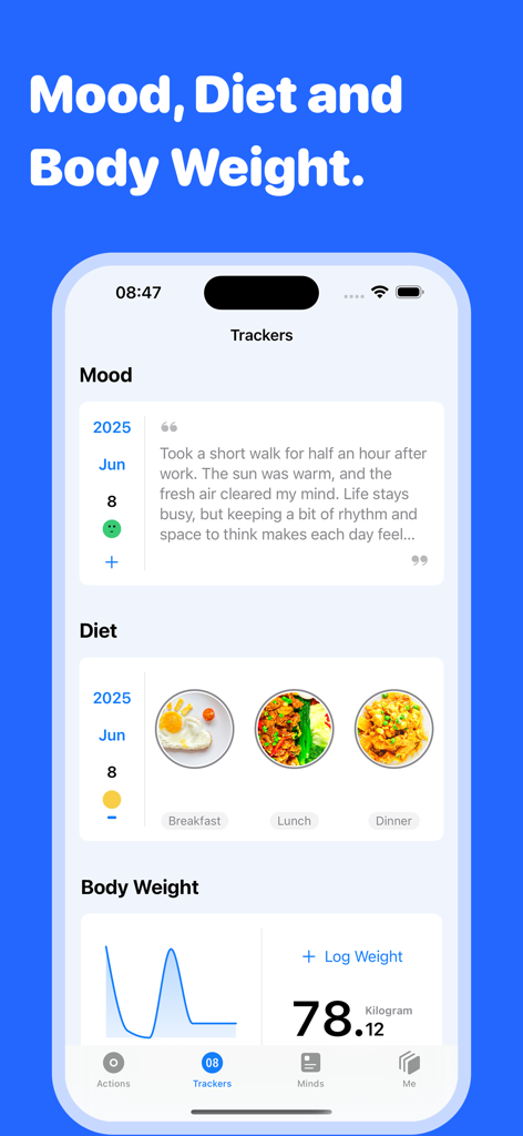 Mindkit-keep things organized - Interfaz de la aplicación Mindkit que muestra rastreadores diarios de estado de ánimo, dieta con fotos de alimentos y progreso del peso corporal.