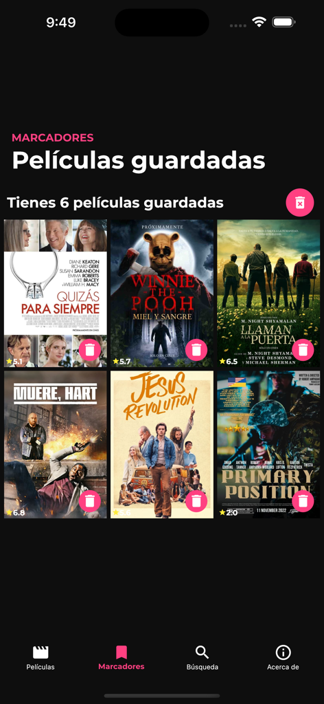 JFlix Películas - JFlix Peliculas app interface showing a list of saved movies with posters and ratings
