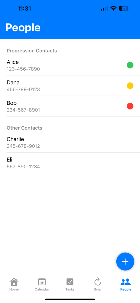 RM Daily Planner - People management screen in RM Daily Planner showing progression contacts with status indicators
