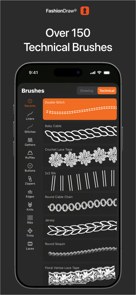FashionDraw app interface showing technical brushes for fashion design including stitches and lace