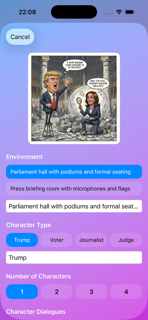 A mobile interface of the Editorial Cartoon Maker app showing options to select political characters and environments for generating satirical cartoons.