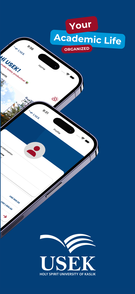 Duas telas de smartphone exibindo a interface principal e de perfil do aluno do aplicativo USEK Oficial para gerenciamento universitário