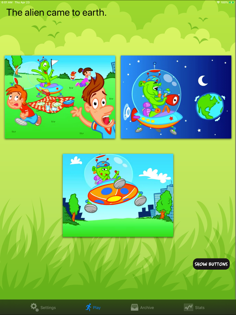 TenseBuilder - Educational app interface teaching past tense using cartoon illustrations of an alien visiting Earth.