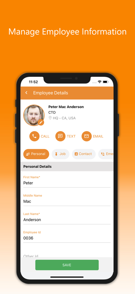 OrangeHRM Advanced - OrangeHRM Advanced app interface for managing employee profile information and personal details.