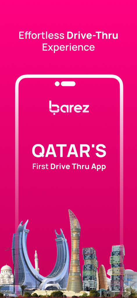Barez - Tela inicial do aplicativo Barez com o horizonte de Doha e o texto de experiência de drive-thru sem esforço.