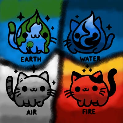 4 cats that represent the different elements, earth, water, air, and fire