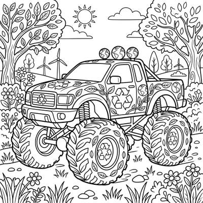 Celebrate Earth Day with an exciting twist! This unique coloring page features a powerful monster truck decorated with recycling symbols and leaves, ready for an eco-friendly adventure. Dive into a vibrant scene filled with nature and renewable energy.