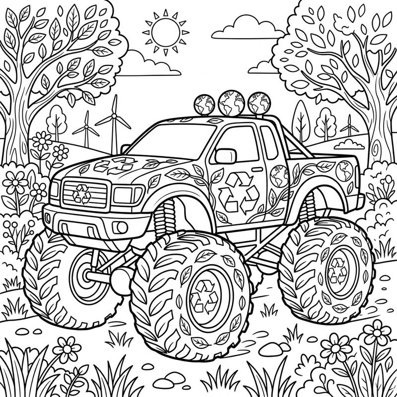 Celebrate Earth Day with an exciting twist! This unique coloring page features a powerful monster truck decorated with recycling symbols and leaves, ready for an eco-friendly adventure. Dive into a vibrant scene filled with nature and renewable energy.