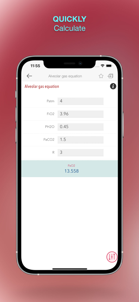 Screenshot dell'app Harriet Lane Handbook che mostra un calcolatore clinico per l'equazione del gas alveolare.