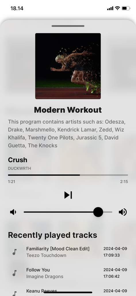 Mood Harmony - Mood Harmony app interface showing the Modern Workout music program with playback controls and recently played tracks.