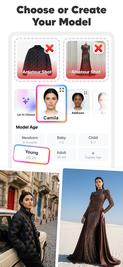 AI Fashion Model Maker: Diress - App interface for choosing AI models to transform clothing photos into professional fashion shots.