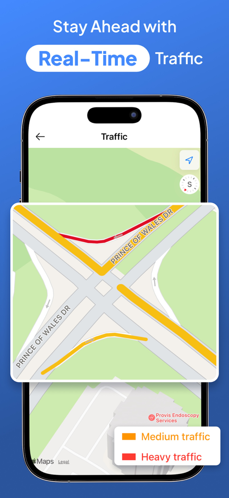 GPS Live Location - Maps - GPS 실시간 위치 앱의 지도에서 다양한 교통 수준을 보여주는 실시간 교통 상태.