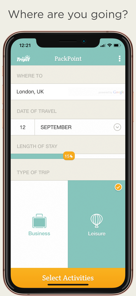 Interfaccia dell'app PackPoint Premium che mostra la configurazione del viaggio per un viaggio di piacere di 15 notti a Londra, Regno Unito, a settembre.