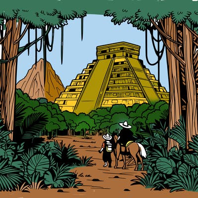 the itza arrive in a dense jungle and discover the imposing ruins of chichen itza, with its majestic pyramids covered in vegetation.