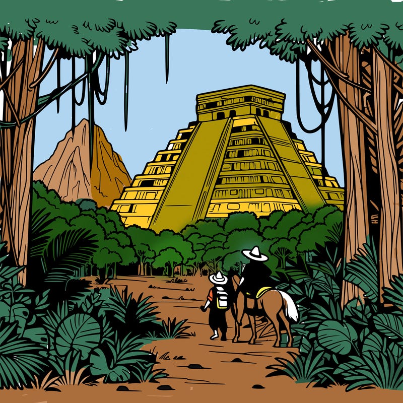the itza arrive in a dense jungle and discover the imposing ruins of chichen itza, with its majestic pyramids covered in vegetation.