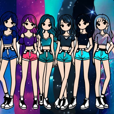 a group of girls wearing crop tops and shorts