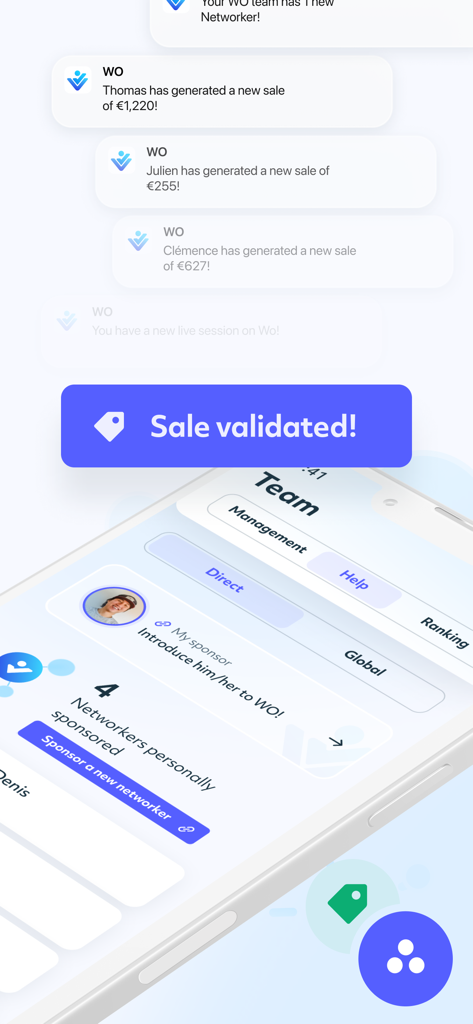 Pantalla de la aplicación móvil que muestra notificaciones de ventas del equipo de MLM y el panel de gestión de ventas