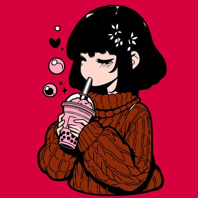 manga girl drinking boba in cozy sweater