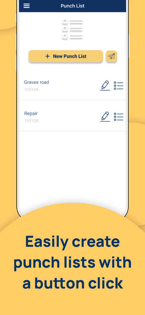 Punch List and Issue Tracker - 建設プロジェクト用の新しいパンチリストを簡単なボタンクリックで作成する方法を示すモバイルアプリインターフェイス