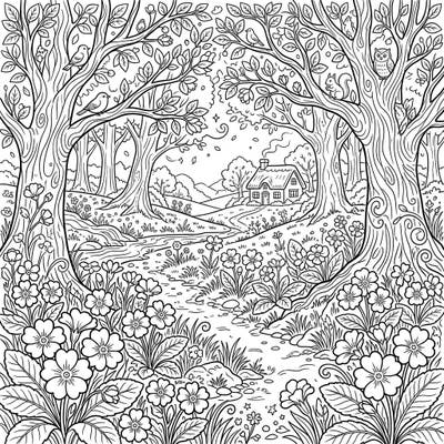 Step into a delightful spring forest with this intricate coloring page, bursting with charming primroses and hidden woodland creatures. Uncover the magic of nature as you bring a cozy cottage scene to life with your favorite colors.