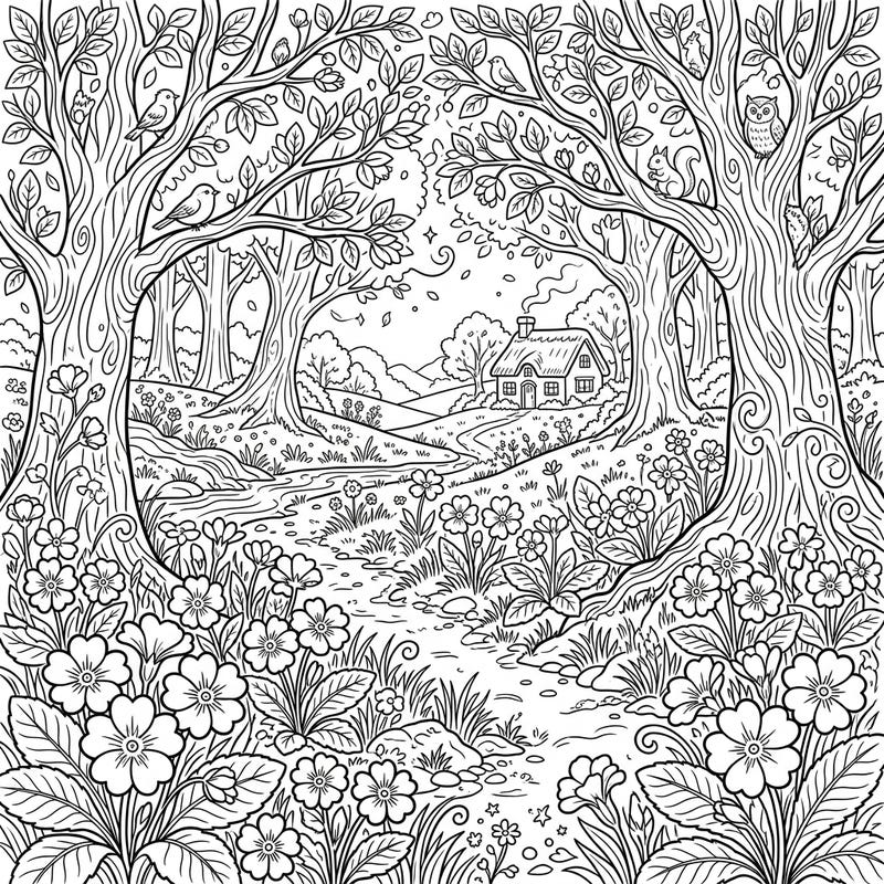 Step into a delightful spring forest with this intricate coloring page, bursting with charming primroses and hidden woodland creatures. Uncover the magic of nature as you bring a cozy cottage scene to life with your favorite colors.